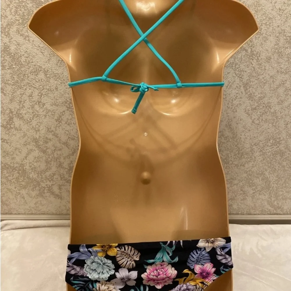 No Boundaries Seafoam Bikini with Floral Black Bottom